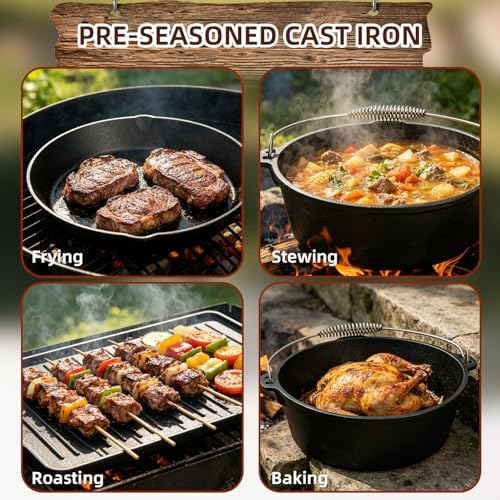 DVK 8 Piece Cast Iron Cookware Set with Vintage Wooden Storage Box, Pre-seasoned Skillets, Dutch Oven and Griddle Kit for Outdoor Camping, RV Trips and Home Kitchen Cooking - Image 4