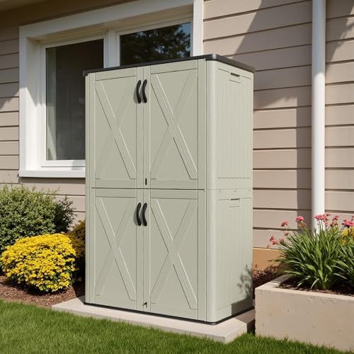 Devoko 50 Cu Ft Plastic Outdoor Storage Cabinet, Beige - Image 5
