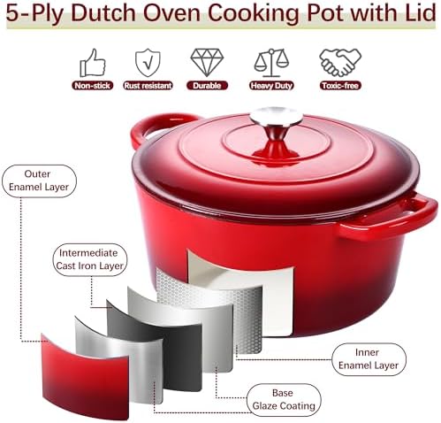 E-far 7QT Enameled Dutch Oven, Cast Iron Dutch Oven Pot with Lid for Cooking/Bread Baking/Braising/Roasting/Stewing, Heavy Duty Round Nonstick Cookware Safe for Induction & Oven - Red - Image 4