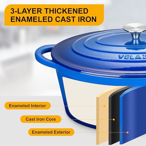 Velaze 7.5 QT Oval Enameled Cast Iron Dutch Oven Pot with Lid,Blue - Image 4