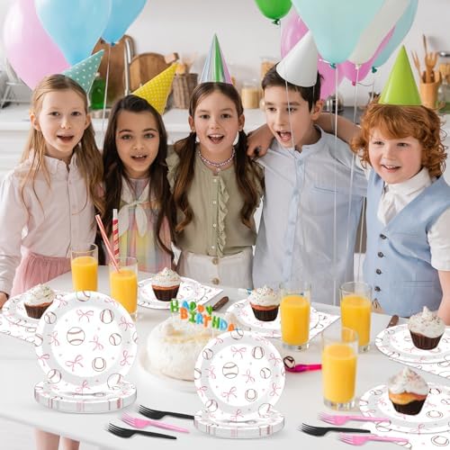96Pcs Pink Bow Baseball Paper Plates and Napkins Pink Bow Baseball Party Supplies Sports Theme Disposable Tableware Dinnerware Set for 24 Guests Team Game Day Sport Birthday Baby Shower Decorations - Image 6