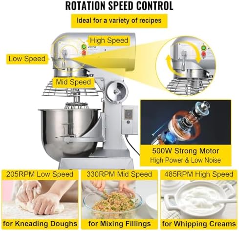 Happybuy 10Qt Commercial Food Mixer with Timing Function， Commercial Mixer 500W Stainless Steel Bowl Heavy Duty Electric Food Mixer Commercial with 3 Speeds Adjustable, Perfect for Bakery Pizzeria - Image 4