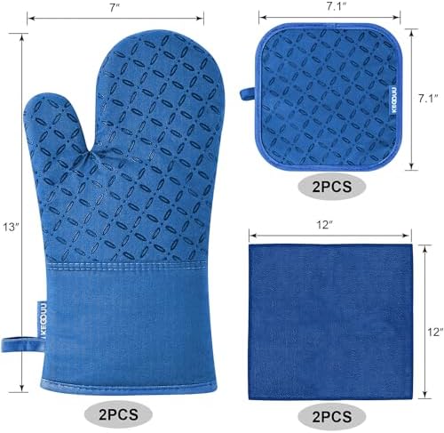 KEGOUU Oven Mitts and Pot Holders 6pcs Set, Kitchen Oven Glove High Heat Resistant 500 Degree Extra Long Oven Mitts and Potholder with Non-Slip Silicone Surface for Cooking (Royal Blue) - Image 2