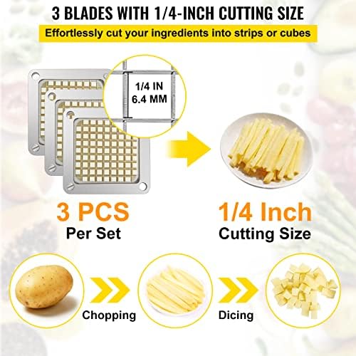 VEVOR Replacement Chopper Blade, 1/4 inch, 3 PCS French Fry Blade Assembly with 6 Extra Knives, Stainless Steel Dicer Parts and Push Block for Cutting Potatoes Carrots Onions Cucumbers Mushrooms - Image 3