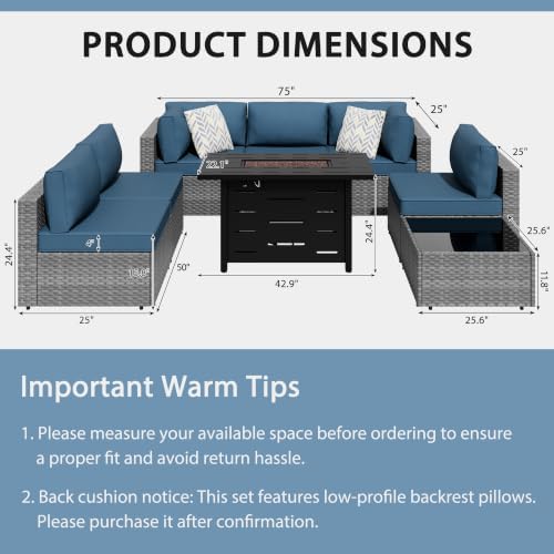 Shintenchi 8 Piece Outdoor Patio Furniture Set with 43 Inch Propane Fire Pit, Washable Cushions, Glass Coffee Table, Waterproof Cover & CSA Certified for Backyard Poolside, Silver PE Rattan/Navy Blue - Image 2