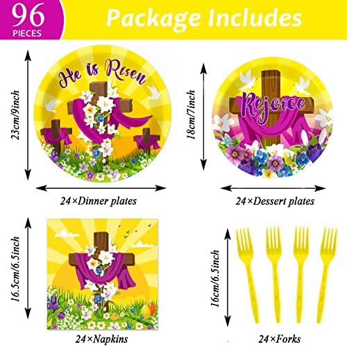 Wiooffen 96 Pcs Easter Tableware Set He is Risen Plates Happy Easter Party Plates Easter Religious Plates and Napkins Paper Plates Napkins Forks for 24 Guests - Image 2