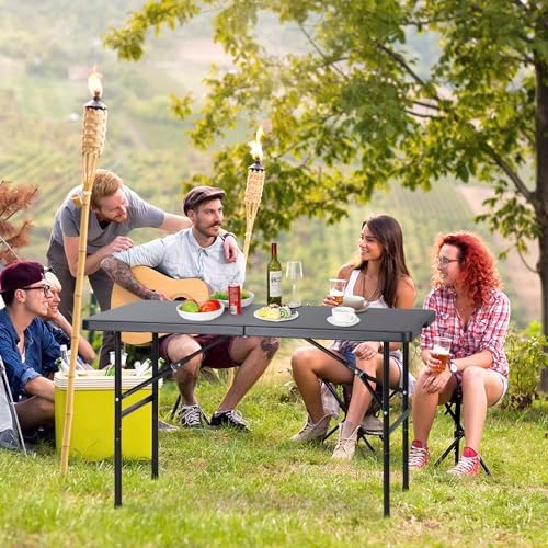 SUPER DEAL Portable 4 Foot Plastic Folding Table, Indoor Outdoor Heavy Duty Fold-in-Half Picnic Party Camping Barbecues Table with Carrying Handle, Black - Image 2