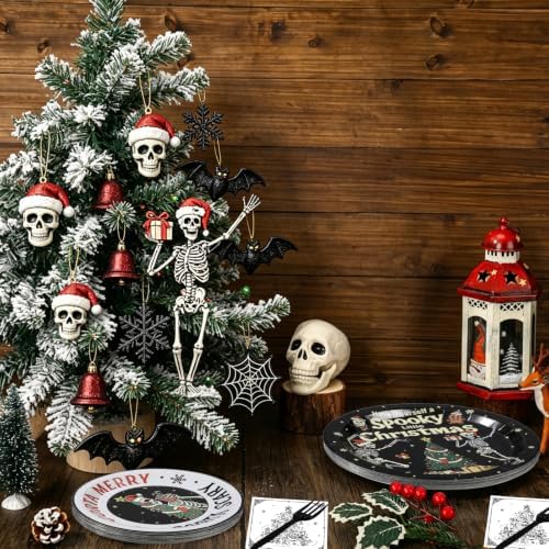 125 Pcs Gothic Halloween Christmas Tableware Set | Skull Christmas Disposable Paper Plates Napkins Forks, Goth Dinnerware set for Xmas Birthday Halloween Party Supplies - Image 6