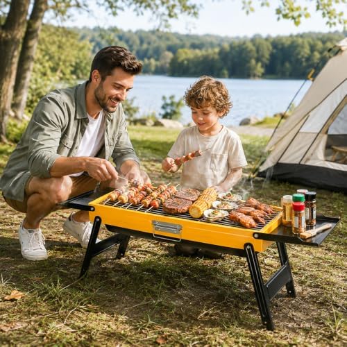 Portable Charcoal Grill Stainless Steel, Small Foldable BBQ Suitcase with Portable Side Shelves & Heat Resistant, Lightweight Tabletop Barbecue for Camping Picnic Backyard Beach Travel - Image 2
