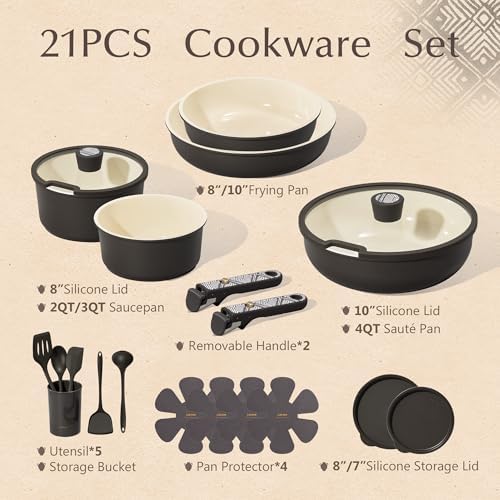 CAROTE 21pcs Ceramic Cookware Set, Pots and Pans Set with Detachable Handle - Image 2