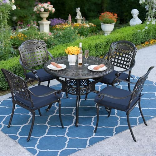 MEETWARM 5 Piece Patio Dining Set, Outdoor All-Weather Cast Aluminum Dining Table Set, Patio Furniture Set for Backyard Garden Deck, Include 4 Chairs, 4 Cushions and 1 Round Table, Navy Blue by MEETWARM