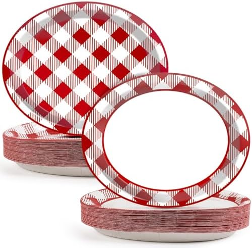50 PCS Checked Oval Paper Plates Large 11" Disposable Red & White Checkered Platter BBQ Party Decorations Summer Barbecue Supplies Favor for Gathering Picnic Carnival Birthday Party Tableware Set by Qyeahkj