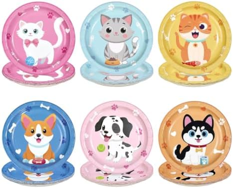 60Pcs Cat Dog Paper Plate 7" Kitten Puppy Heavy Duty Paper Plates by Greencian