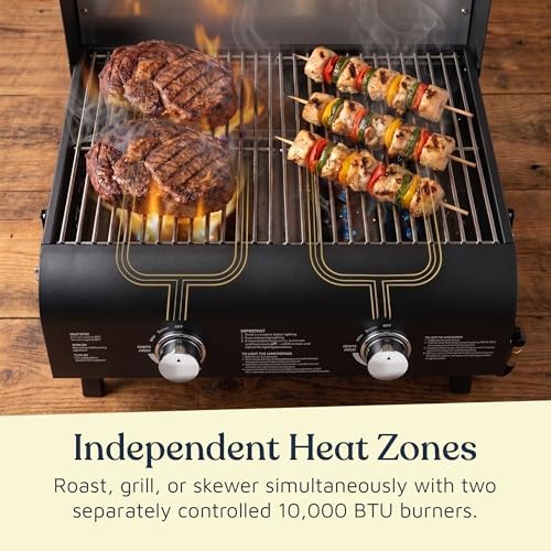 Black Portable Gas Grill, Dual 10,000 BTU Burners, 275 Sq.In Cooking Space, Push-to-Start Ignition, Wind-Proof Lid with Built-in Thermometer, Perfect for Camping Tailgates & Backyard BBQ Cookouts - Image 5