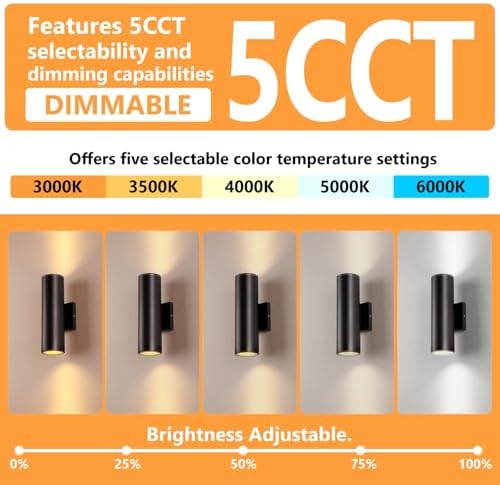 DAKAFUL 5CCT Dimmable Wall Lights Outdoor 2 Packs, 3000K 5000K 6000K Integrated LED Cylinder Up Down Modern Aluminum Light, Waterproof Exterior Light for Porch Patio Door Garage Indoor - Image 3