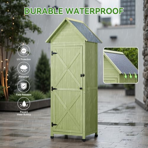 Narrow Outdoor Storage Cabinet, 67" Wooden Vertical Garden Tools Shed, Patio Storage Organizer with Latch & Waterproof Roof for Yard Deck Lawn Farmland Equipment(Green) - Image 6