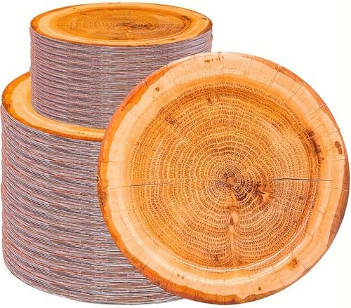 100Pcs Wood Grain Paper Plates Wood Grain Party Supplies 9"&7" Rustic Wood Slice Paper Plates for CampFire Camping Woodland Animal Baby Shower Lumberjack Cut Timber Birthday Party Decorations (100) by HSPAIDYP