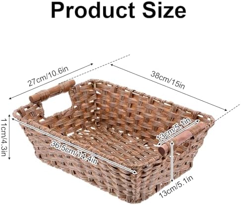 2 Pack Large Waterproof Wicker Storage Basket – 15"x10.6"x5.1" Brown Polypropylene Woven Baskets with Wood Handles & Metal Frame for Pantry, Bathroom, Bedroom, Patio - Image 3