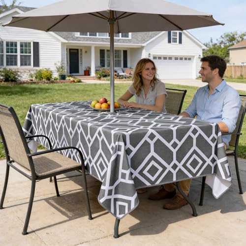 LUSHVIDA Moroccan Outdoor Tablecloth with Umbrella Hole, 60x102 Inch Grey - Image 2