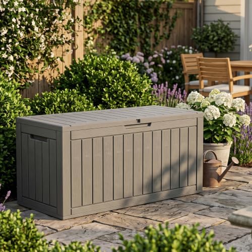 110 Gallon Deck Box, Lockable Waterproof Resin Outdoor Storage Box, Weatherproof Container for Garden Tools, Indoor Cushions & Outside Accessories (Grey) - Image 3