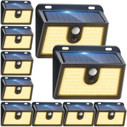 [10 Packs] Solar Motion Sensor Outdoor Lights, Super Bright Solar Lights Outdoor Waterproof, 3 Lighting Modes Security Wall Light for Outside Walking Dog Fence Backyard Deck Garden Door Step Garage by Claoner