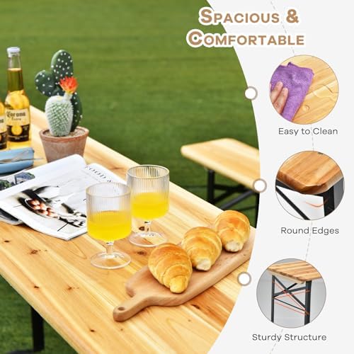 NAFORT 6FT Picnic Table Set, 3-Piece Folding Beer Table & Bench, Portable Wooden Picnic Tables for Outdoors Dining Table Set w/Metal Frame for Patio Garden - Image 5