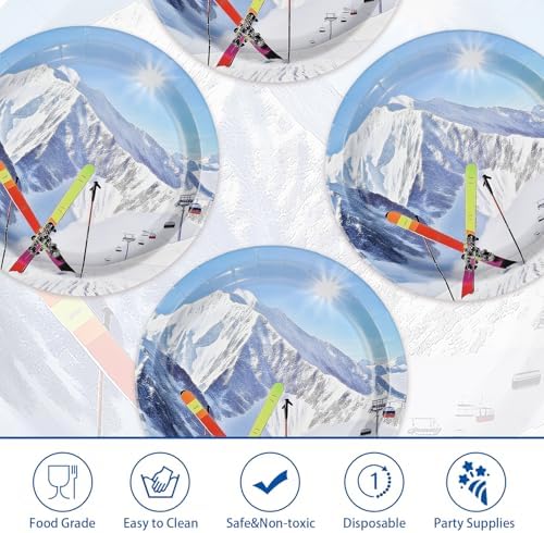50Pcs Winter Ski Paper Plates 9 Inch Heavy Duty Disposable Skiing Snowy Mountain Dessert Plates Winter Mountain Ski Sport Adventure Decorations for Boys Girls Skier Birthday Holiday Party Supplies - Image 3