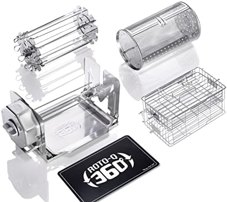 ROTO-Q 360 Family Rotisserie Kit – Non-Electric Wind-Up Spit Roaster with Tumble Basket, Flat Cage, Skewer Set & Mat for Grill, Oven, Smoker, Portable BBQ Cooking, Tailgating, or Camping Use by ROTO-Q360