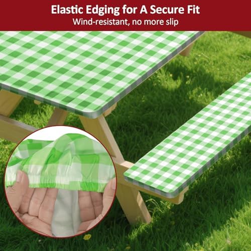6ft 72" Picnic Table and Bench Cover, 3 Pack, Green-White Checkered - Image 4