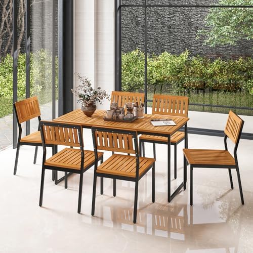 Tangkula 7 Piece Outdoor Dining Set for 6, Acacia Wood Rectangular Dining Table & 6 Armless Chairs w/Metal Frame, Umbrella Hole, Farmhouse Dining Furniture Set for Garden Porch Poolside - Image 7