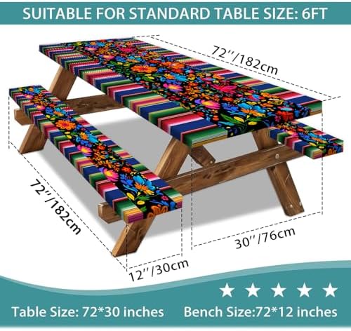 Mexico Picnic Table Cover with Bench Covers and Bag, Camping Essentials, Cinco De Mayo Fiesta Stripes Fitted Table Cover, 6ft Outdoor Tablecloth Waterproof Windproof with Elastic Edge 3 PCS 30x72 Inch - Image 3