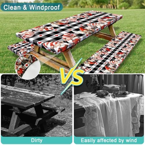 Valentine's Day Picnic Table Cover with Bench Covers, Camping Essentials, Valentines Decor Waterproof Windproof, Fitted Tablecloth Cover with Elastic Edge, Outdoor Table Covers, 3 PCS, 30x96 Inch - Image 6