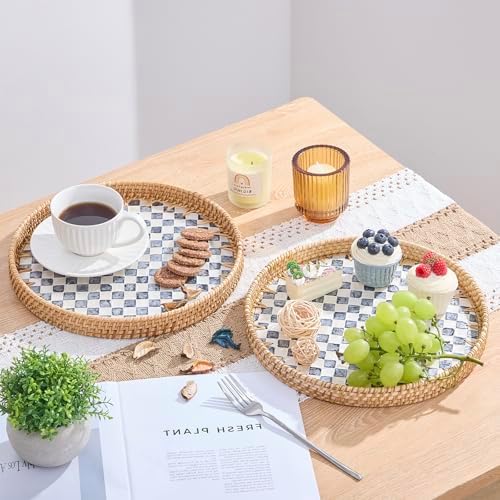 Round Rattan Tray with Mother of Pearl Inlay, Rattan Serving Tray with Wooden Base, Decorative Wicker Basket for Table Decor, Storage and Display of Coffee Bread Food Fruit (Checkerboard 11.8") - Image 2