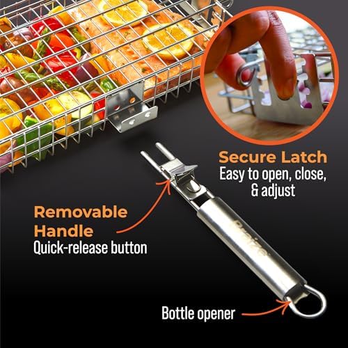 Adjustable Grill Basket with Removable Handle – 4 Height Levels for Vegetables, Meat, Fish & More – Locking Lid - Basting Brush, Scrub Sponge & Storage Bag for Outdoor Cooking - Image 3