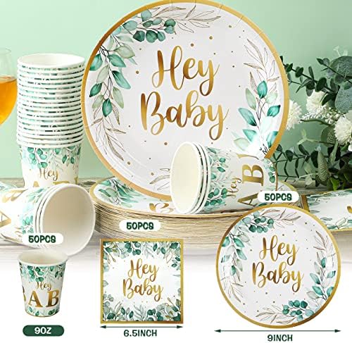 200 Pcs Sage Green Baby Shower Decorations, Eucalyptus Disposable Plates - Image 2