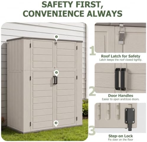 Aoxun 61 Cu.Ft Outdoor Storage Shed, Widened Outdoor Storage Cabinet Waterproof Vertical Resin Shed with Floor for Garden Tools, Pool Equipment, Easy to Assemble(Beige) - Image 4
