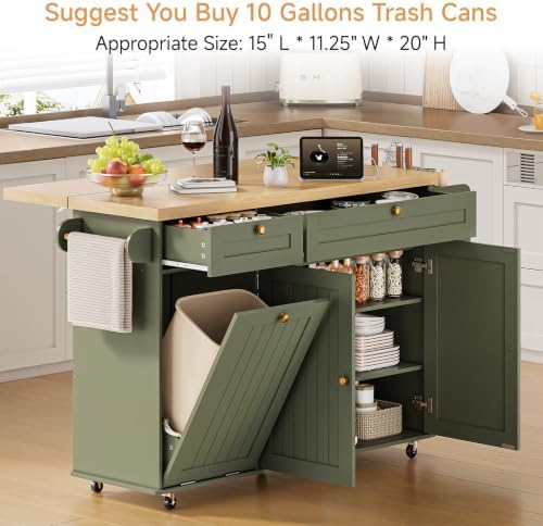 ONBRILL 60" Kitchen Island with Trash Can Storage, Rolling Island Table - Image 6