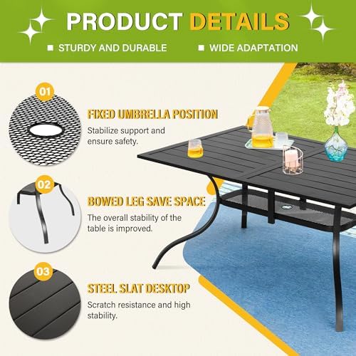 Incbruce Patio Dining Table, 60" x 36" Rectangle Metal Steel Slat Table, with 1.57" Umbrella Hole, for Backyards, Porches, Gardens or Poolside - Image 6
