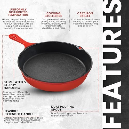 Utopia Kitchen Cast Iron Skillet Set 3 Piece 6 8 10 Inch PFAS-Free Red - Image 4