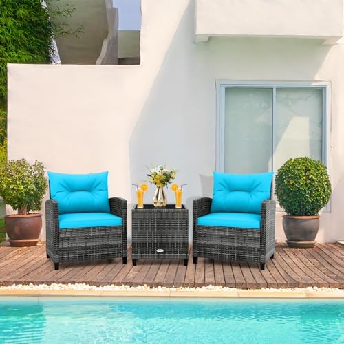 RELAX4LIFE 3 Piece Patio Furniture Set, Wicker Bistro Conversation Set w/2 Cushioned Armchairs & Glass Topped Table, Outdoor Rattan Sofa Set Patio Furniture for Porch Balcony Poolside (Grey-Turquoise) - Image 2
