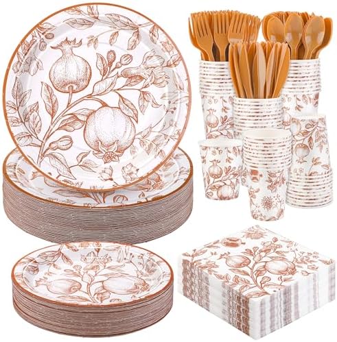 Kochorie 400 Pieces Fall Disposable Pomegranate Paper Plates Thanksgiving Vintage Floral Party Tableware Sets Including Orange Plates Cups Napkins Cutlery Serve 50 for Wedding Baby Shower Party Decor by Kochorie