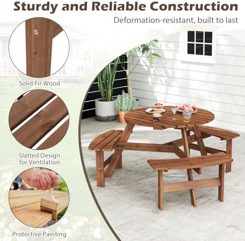 GIANTEX 6-Person Round Picnic Table Set with 3 Benches, 550 LBS Bench Capacity, 2" Umbrella Hole, Circular Outdoor Wood Dining Table & Chairs for Patio Yard Garden Porch Deck (68”x62”x28”,Brown) - Image 5