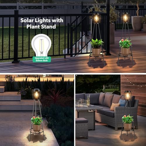 MXwcy Solar Lights Outdoor with LED Edison Bulbs, Solar Floor Lamp with Plant Stands for Garden Yard Pathway Driveway Front/Back Porch Decoration - Image 6