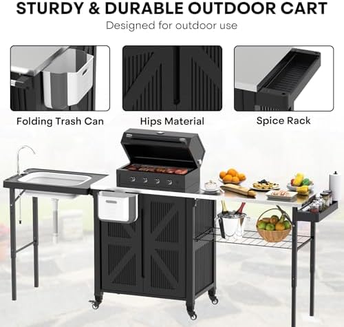 Grill Cart with Foldable Sink, Outdoor Storage Cabinet, Outdoor Grill Cart with Wheels, Kitchen Island with Folding Trash Can for Barbecue, Backyard, Garden & Outdoor Kitchen - Image 3