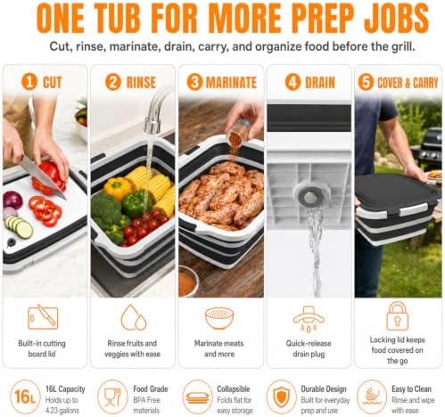 BBQ Prep Tub, 16L Black Collapsible Sink with Cutting Board Lid - Image 5