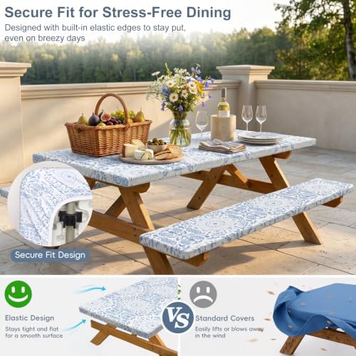Picnic Table Cover with Bench Covers Portable Table Cloth Built-in Storage Pocket Picnic Table Covers With Elastic Waterproof Camping Essentials for RV Camping - Image 2