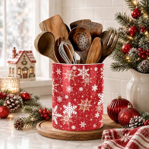 Christmas Snowflake Red Kitchen Utensil Holder, Xmas Winter Large Ceramic Utensil Holder For Countertop Organizer, 6.3'' Cooking Utensil Crocks Festivel Decor Utensil Storage Cup for Kitchen - Image 3