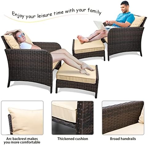 LEVELEVE Balcony Furniture 5 Piece Patio Conversation Set, PE Wicker Rattan Outdoor Lounge Chairs with Soft Cushions 2 Ottoman&Glass Table for Porch, Lawn-Brown Wicker - Image 6