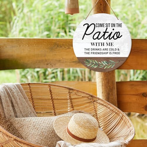 Patio Sign Decor, Patio Round Hanging Sign Decor Farmhouse Wall Decorations Outdoor Living Wood Sign for Porch, Deck, Backyard, Housewarming Gift for New House Home, Come Sit on The Patio with Me - Image 4