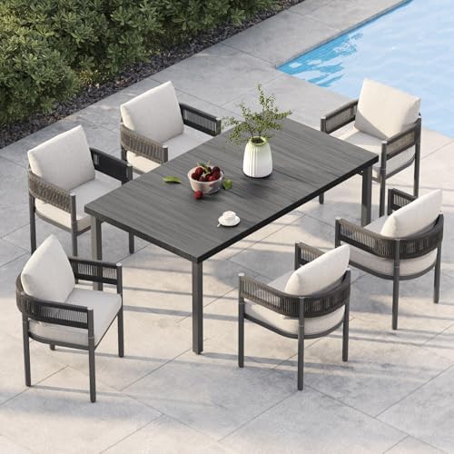 Grand patio Outdoor Dining Set for 6, 7 PCS Patio Table and Chairs Set, Metal Woven Wicker Fixed Patio Chairs with Thickened Cushions & 1 Rectangular Woodgrain Dining Table with Umbrella Hole (Black) by GrandPatio